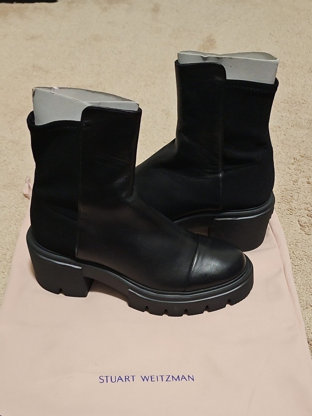 Stuart Weitzman Black Leather Chunky Heel Ankle Boots 6.5b
